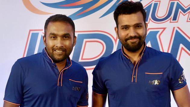 Mumbai Indians' new coach Mahela Jayawardene, and captain Rohit Sharma before a press interaction in Mumbai on Sunday where they spoke about the upcoming Indian Premier League (IPL) and how the team is sharping up for it. (PTI)