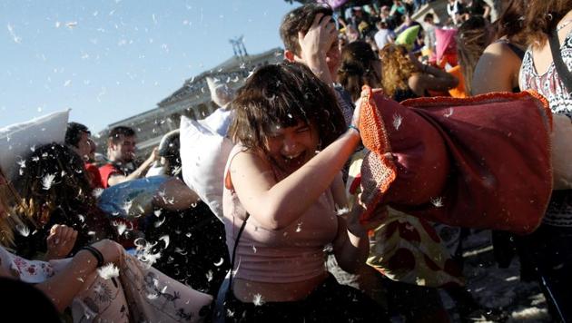 People fight with pillows during International Pillow Fight Day 2017 in Budapest, Hungary. (Bernadett Szabo / REUTERS)