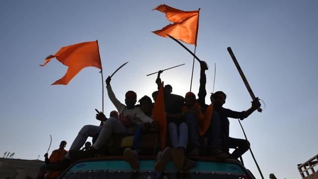 Many youth showed swords, knife and flags as they participated in the rally. (Raj K Raj/HT PHOTO)