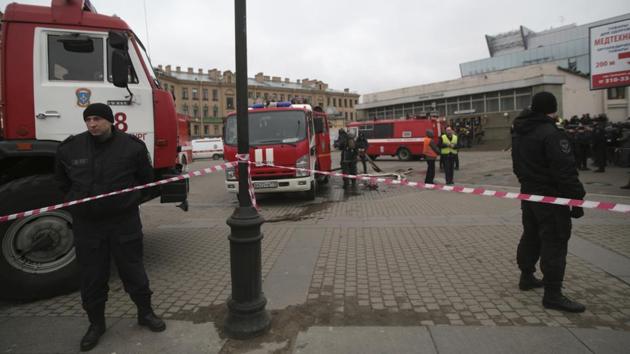 Russian police and emergency service officers stand near fire trucks near the entrance of Sennaya Square subway station in St Petersburg. Russia’s health minister said out of 10 people, 7 died at the scene, 1 en route to hospital and 2 in hospital. (Evgenii Kurskov/AP) Russian police and emergency service officers stand near fire trucks near the entrance of Sennaya Square subway station in St Petersburg. Russia’s health minister said out of 10 people, 7 died at the scene, 1 en route to hospital and 2 in hospital. (Evgenii Kurskov/AP)