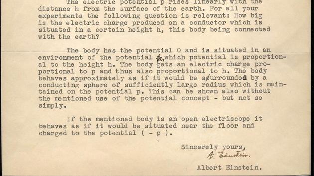 Einstein penned the letter in reply to a two-page questionnaire submitted by Arthur Converse, a science teacher from Iowa, concerning electrostatic theory and special relativity.(natedsanders.com) Einstein penned the letter in reply to a two-page questionnaire submitted by Arthur Converse, a science teacher from Iowa, concerning electrostatic theory and special relativity.(natedsanders.com)