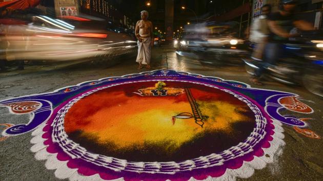 The rangoli outside one of the temples. (Kunal Patil/HT Photo) 
