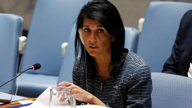 US ambassador to the United Nations, NIkki Haley, addresses the United Nations Security Council at the United Nations Headquarters in New York City on April 4.(REUTERS)