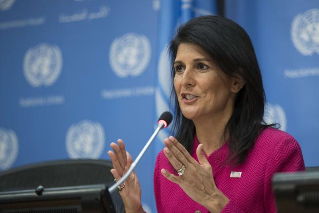 US ambassador to the UN Nikki Haley during a press briefing at the United Nations headquarters in New York City.(AFP)