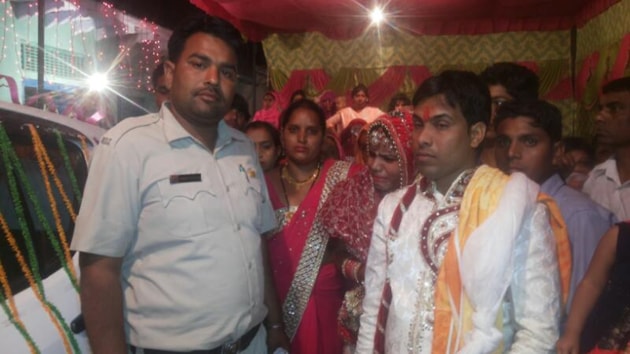 A cop guarding the marriage function after the incident.(HT Photo)