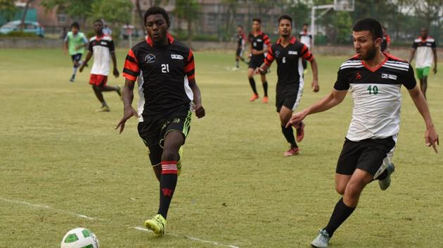 Students from Nepal, Bhutan, Afghanistan, Vietnam, Nigeria, Congo and Uganda, besides India, took part in the football match.(Virendra Singh Gosain/HT PHOTO)