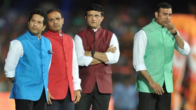 (L-R) Sachin Tendulkar, Virender Shehwag, Sourav Ganguly and VVS Laxman were felicitated during the opening ceremony of Indian Premier League (IPL) 2017. Get highlights of IPL 2017 opening ceremony here.(AFP) (L-R) Sachin Tendulkar, Virender Shehwag, Sourav Ganguly and VVS Laxman were felicitated during the opening ceremony of Indian Premier League (IPL) 2017. Get highlights of IPL 2017 opening ceremony here.(AFP)