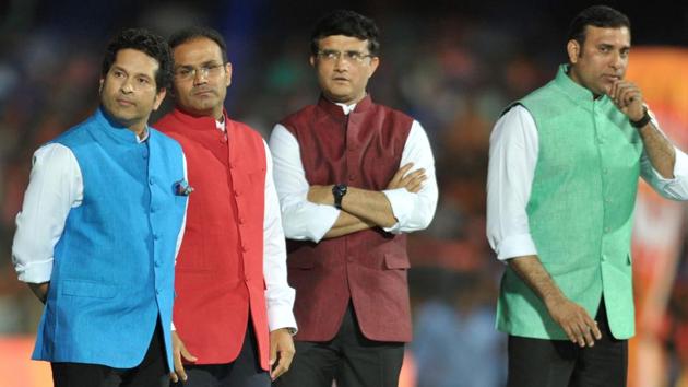 (L-R) Sachin Tendulkar, Virender Shehwag, Sourav Ganguly and VVS Laxman look on during the opening ceremony of the 2017 Indian Premier League (IPL). (AFP)