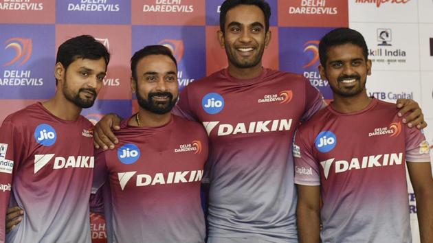 The Delhi Daredevils spin quartet for this year’s Indian Premier League: (From left) Shahbaz Nadeem , Amit Mishra, Jayant Yadav and Murugan Ashwin during a press conference in New Delhi on Wednesday.(Vipin Kumar/HT PHOTO)