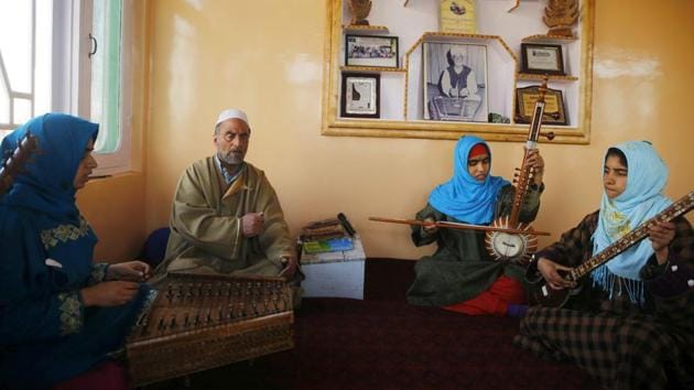 Sheikh faced opposition from both neighbours and soldiers and had to move the classes to a new location four times. Now he has trained nearly 50 Kashmiri women – although only a small minority continue to perform after marriage. (PARVAIZ BUKHARI / AFP)