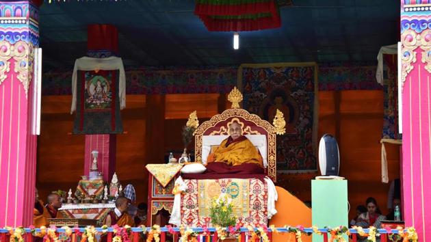 Exiled Tibetan spiritual leader the Dalai Lama delivers religious teachings to Buddhist followers at the Buddha Stadium in Bomdila. (Biju BORO / AFP)