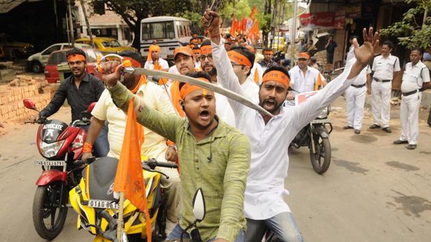 Hindu organisations took out processions on the occasion of Ram Navami in Kolkata.(Samir Jana/HT PHOTO)