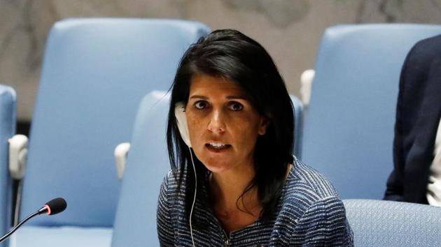 US ambassador to the United Nations Nikki Haley addresses the security council on Tuesday.(REUTERS photo) US ambassador to the United Nations Nikki Haley addresses the security council on Tuesday.(REUTERS photo)