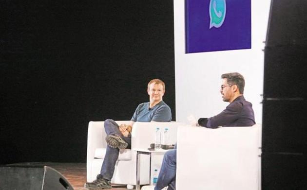 WhatsApp co-founder Brian Acton (left) and Neeraj Arora, head of business, WhatsApp at IIT Delhi, in February.(Company handout)