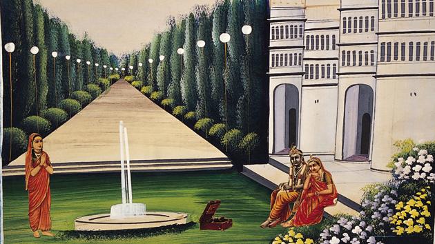 Krishna and Radha listening to music on a gramophone. Krishna is shown to be lured to the colonial novelty of the gramophone in an Art Deco environment(Courtesy: Dr Jyotindra Jain)