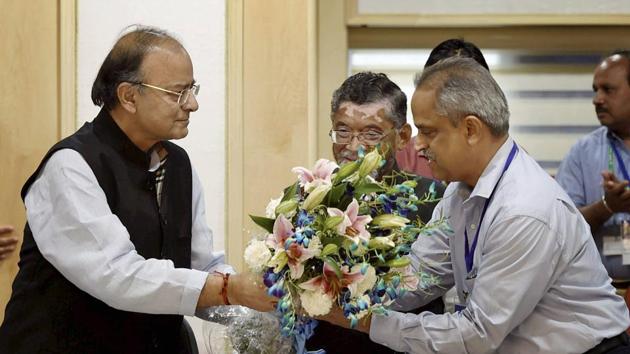 Union finance minister Arun Jaitley with CBEC chairman Najib Shah after the 13th GST Council Meeting at Vigyan Bhawan in New Delhi on March 31, 2017.(PTI File Photo)