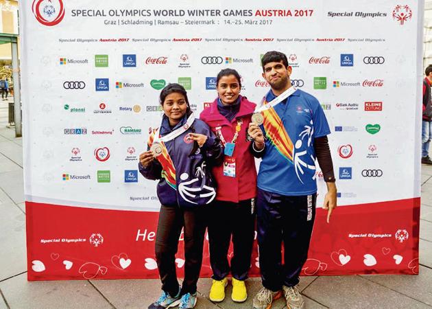 Elice Tirki (left), a special student from Ghaziabad, won the medal for her team in the speed skating event. She has been practising at the ice rink at the Ambience mall in Gurgaon for the past few years.