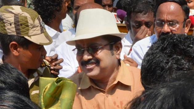 TTV Dinakaran after filing his nomination papers for RK Nagar Assembly seat in Thondayarpettu, Chennai. Dinakaran, the nephew of jailed J Jayalalithaa-aide Sasikala, is a powerful person in Tamil Nadu as her aunt’s faction of the AIADMK is in power now(PTI)