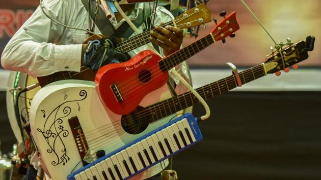 From bass drum, snare drum, hi-hat, cymbals, acoustic guitar, harmonica, kazoo to tambourine and ghungroos, he has played it all. (KUnal Patil/ht photo) 