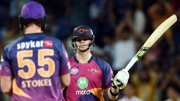 Rising Pune Supergiants batsman Steve Smith celebrates his half century against Mumbai Indians. (PTI)