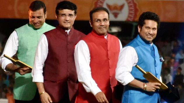 Indian cricket legends Sachin Tendulkar, Sourav Ganguly, Virender Sehwag and VVS Laxman after their felicitation at the opening ceremony of 10th edition of the Indian Premier League in Hyderabad on Wednesday. Sehwag is Kings XI Punjab team mentor.(PTI)