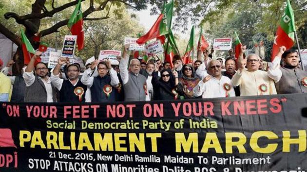 Activists of Social Democratic Party of India shout slogans during a protest march against attacks on minorities, Dalits, backward classes in New Delhi.(PTI File Photo)