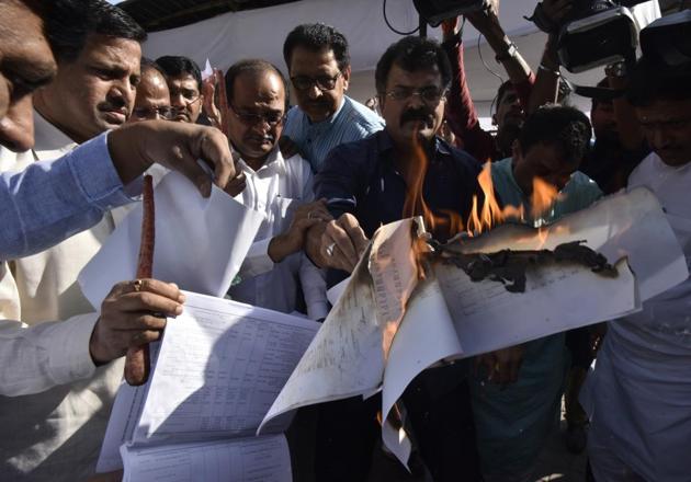 Nineteen opposition legislators were suspended on March 22 for disrupting the proceedings and burning copies of the budget.(HT file photo)