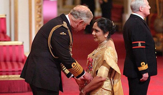 Asha Khemka was honoured with one of the UK’s top civilian awards— Dame, the female equivalent of knighthood — by the Prince of Wales in 2014 .(Twitter)
