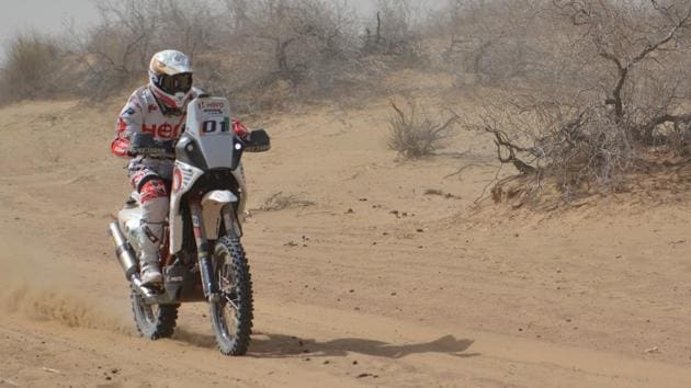 Hero Motosport’s Joaquim Rodrigues during the first day of the India Baja in Jaisalmer on Saturday.(HT Photo)