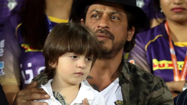 Shah Rukh Khan, co-owner of Kolkata Knight Riders, and son AbRam Khan during the 2017 Indian Premier League between KKR and Gujarat Lions in Rajkot on Thursday.