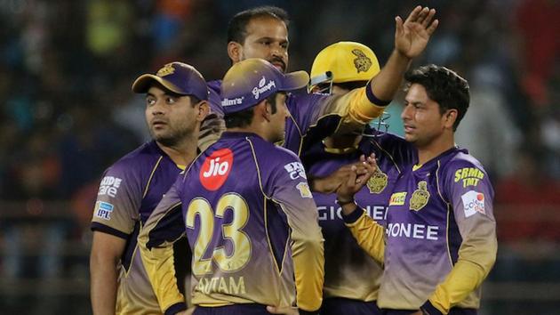 Kolkata Knight Riders players celebrates the wicket of Brendon McCullum of the Gujarat Lions. (BCCI)