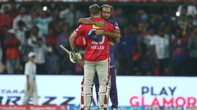 David Miller of Kings XI Punjab is congratulated by Imran Tahir of Rising Pune Supergiants after Kings XI Punjab won by six wickets on Saturday. (BCCI)