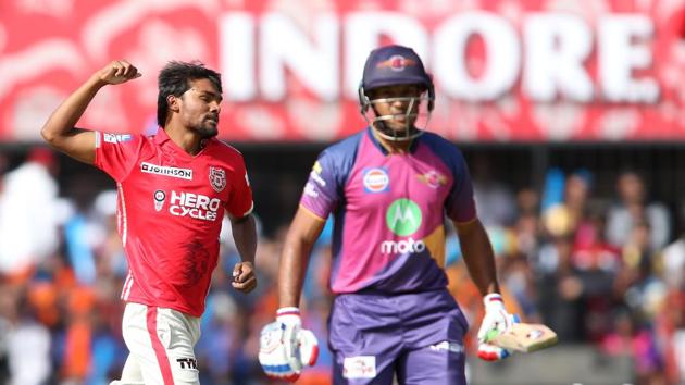 Sandeep Sharma of Kings XI Punjab celebrates after dismissing Mayank Agarwal of Rising Pune Supergiants during their Indian Premier League match at the Holkar Cricket Stadium in Indore on Saturday. (BCCI)