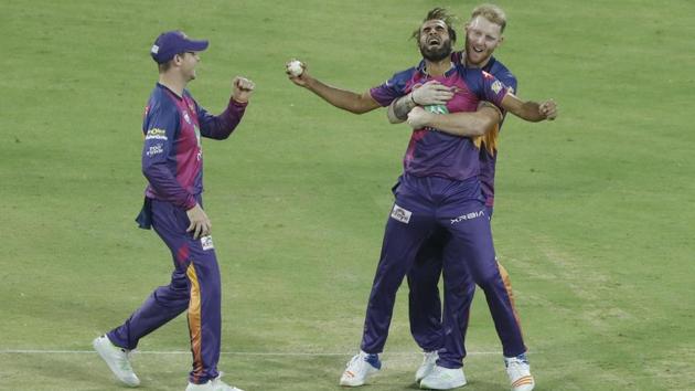 Imran Tahir of Rising Pune Supergiants celebrates the wicket of Axar Patel of Kings XI Punjab at the Holkar Stadium in Indore on Saturday. (BCCI)