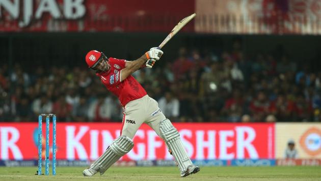 Kings XI Punjab captain Glenn Maxwell hits over the top for six during the Indian Premier League match against Rising Pune Supergiants in Indore on Saturday. (BCCI)