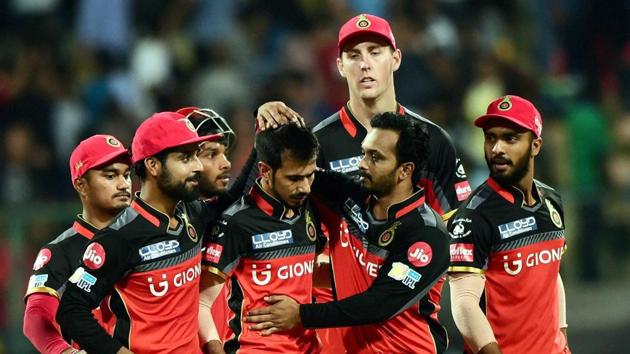 Royal Challengers Bangalore’s Yuzvendra Chahal celebrates the wicket of Carlos Brathwaite. (PTI)