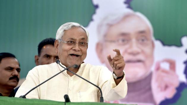 Bihar chief minister Nitish Kumar during his rally at Meethapur near Badarpur in New Delhi on Sunday.(Sushil Kumar/HT PHOTO)