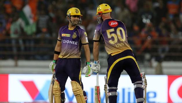 Kolkata Knight Riders skipper Gautam Gambhir (L) and Chris Lynn during the team’s IPL 2017 opener against Gujarat Lions in Rajkot.(BCCI)