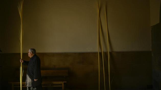 A priest holds up a palm during Palm Sunday, in Pamplona, northern Spain. (Alvaro Barrientos/AP)