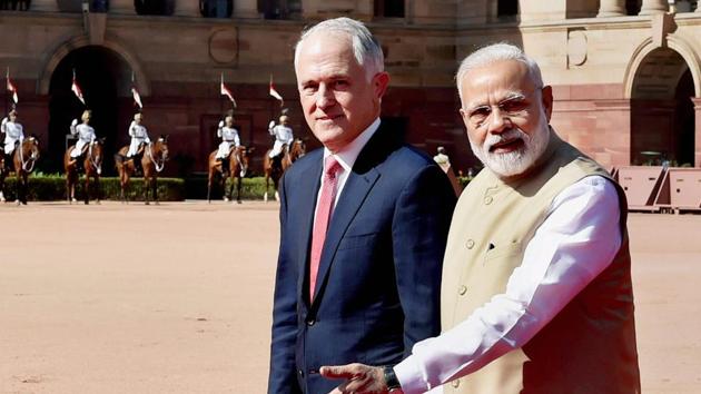 Prime Minister Narendra Modi with his Australian counterpart Malcolm Turnbull during the ceremonial reception at the forecourt of Rashtrapati Bhawan in New Delhi on Monday. (PTI Photo) Prime Minister Narendra Modi with his Australian counterpart Malcolm Turnbull during the ceremonial reception at the forecourt of Rashtrapati Bhawan in New Delhi on Monday. (PTI Photo)