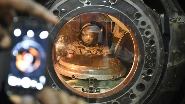 A man clicks photos with the Soyuz T-10 used by Rakesh Sharma who was elected to travel into space as a cosmonaut as part of a joint programme by ISRO and the Soviet Intercosmic space programme in 1982. (Raj K Raj/HT PHOTO)