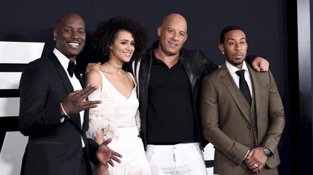 Tyrese Gibson, from left, Nathalie Emmanuel, Vin Diesel and Ludacris attend the world premiere of Universal Pictures' The Fate of the Furious at Radio City Music Hall. (AP)