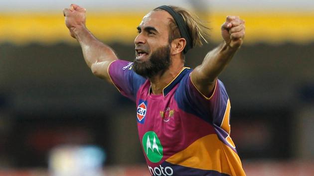 Imran Tahir of Rising Pune Supergiants celebrates the wicket of Wriddhiman Saha of Kings XI Punjab during their 2017 Indian Premier League at the Holkar Stadium in Indore on April 8.(BCCI)