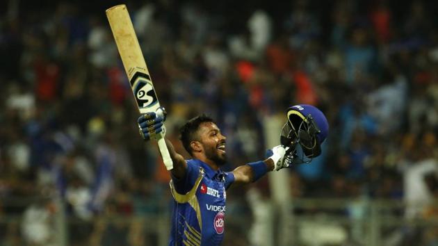 Hardik Pandya of the Mumbai Indians celebrates after hitting the winning runs against Kolkata Knight Riders in their 2017 Indian Premier League match at the Wankhede Stadium in Mumbai on Sunday.(BCCI)