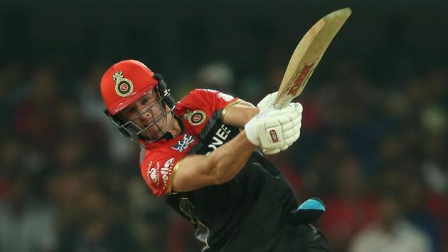 AB de Villiers of the Royal Challengers Bangalore hits a huge six during their 2017 Indian Premier League match against Kings XI Punjab at the Holkar Stadium in Indore on Monday.(BCCI)