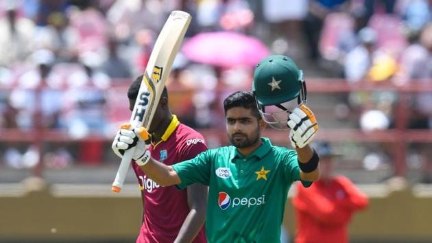 Babar Azam of Pakistan celebrates his century against West Indies during the 2nd ODI match between West Indies and Pakistan at Guyana National Stadium, Providence, Guyana.(AFP) Babar Azam of Pakistan celebrates his century against West Indies during the 2nd ODI match between West Indies and Pakistan at Guyana National Stadium, Providence, Guyana.(AFP)