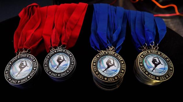 Medals displayed during the 2017 Pacific Pole Championships. (Mark RALSTON/ AFP)