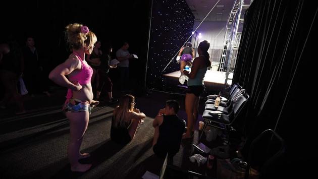 Dancers wait to perform at the Convention Center . (Mark RALSTON /AFP)