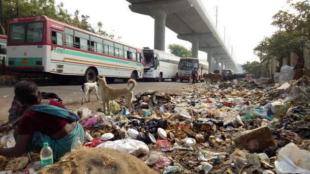 Heaps of garbage occupying nearly half the road in Mawaiyya, Lucknow.(Deepak Gupta/ HT Photo)