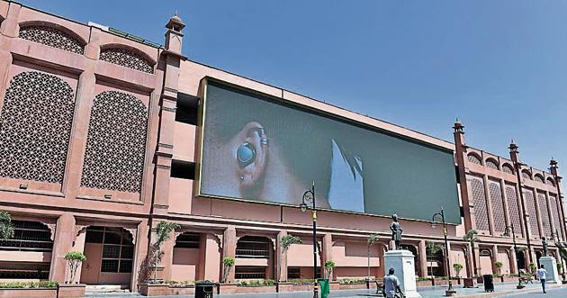 An LED screen installed along the heritage street leading to the Golden Temple in Amritsar. People took objection to an advertisement with ‘scantily dressed’ models screened on it. (Gurpreet singh/HT)